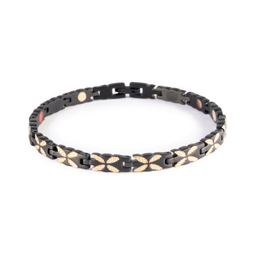 Monarch negative ion bracelet with matte black stainless steel and rose gold links, front clasped view.